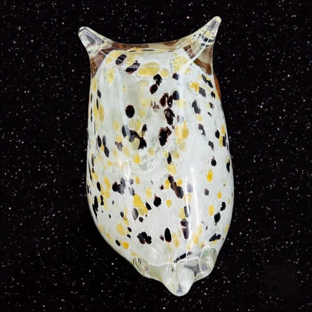 Hollow Owl Bird Art Glass Paperweight Figurine White With‎ Dots Amber Eyes Glass
